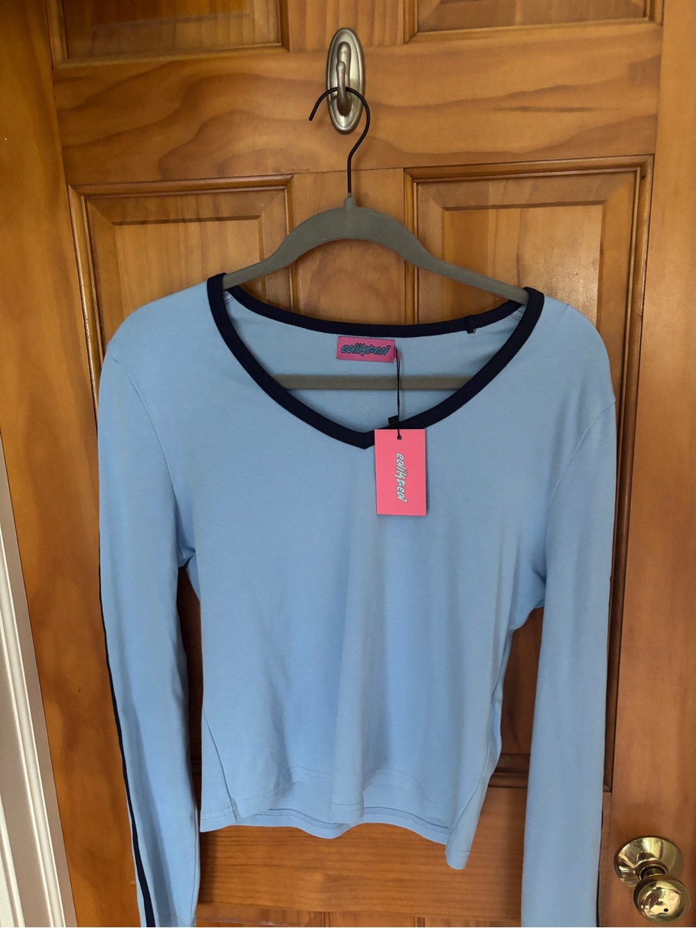 edikted Retro Contrast-Trim Light Blue Long-Sleeve Top